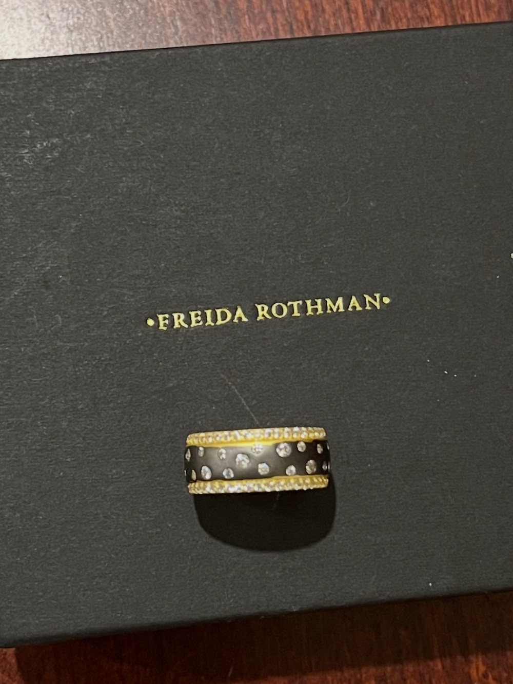 Freida Rothman size 6 Black/Gold Pavé Band Ring***missing one stone on border - Picture 8 of 9